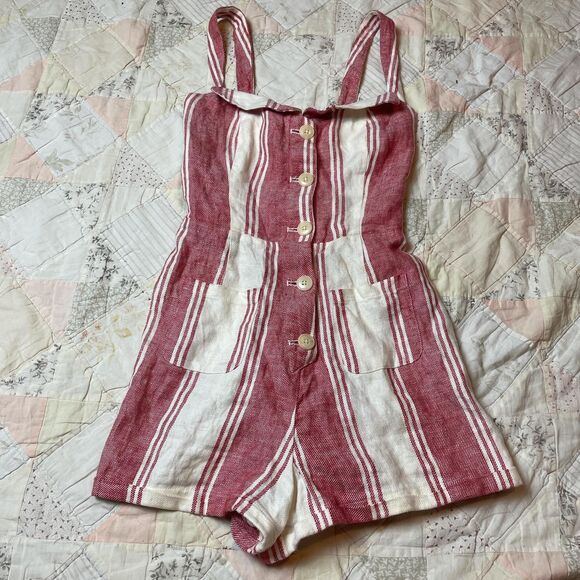 Reformation Dresses & Skirts - reformation preppy white and pink vertical stripe 100% linen romper size 0